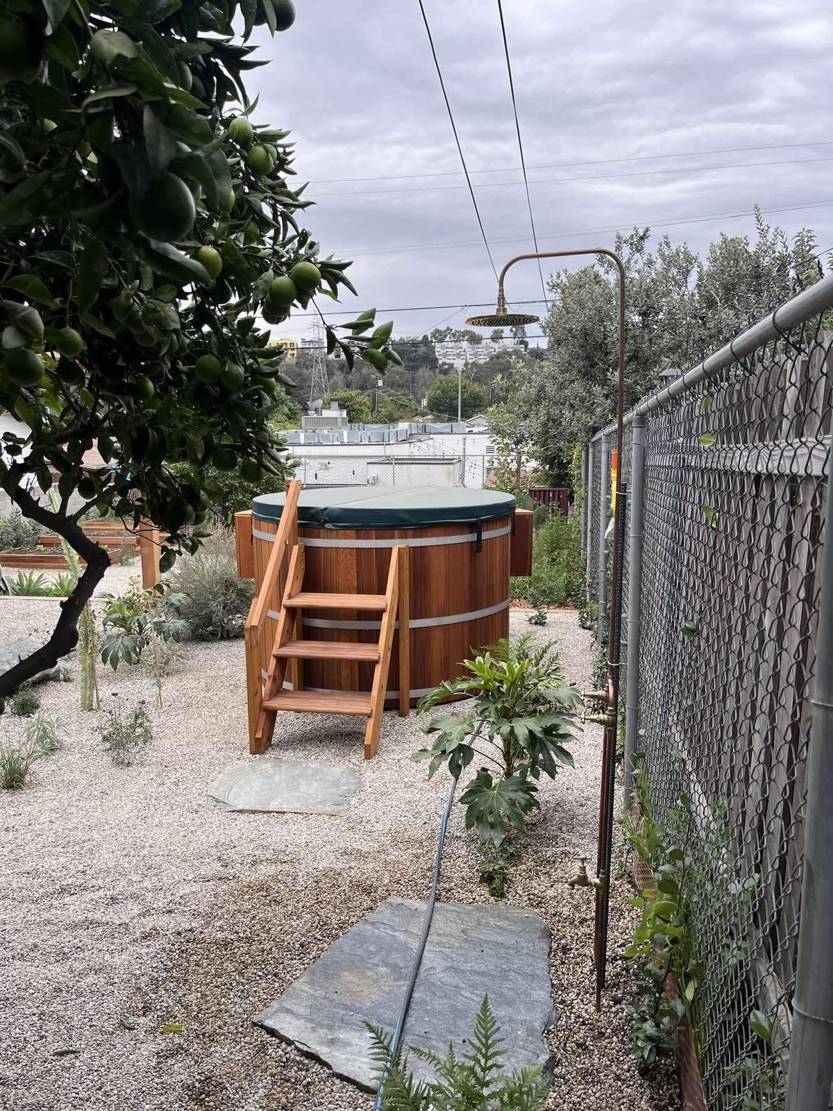 Soaking tub under the oaks in Glen Ellen